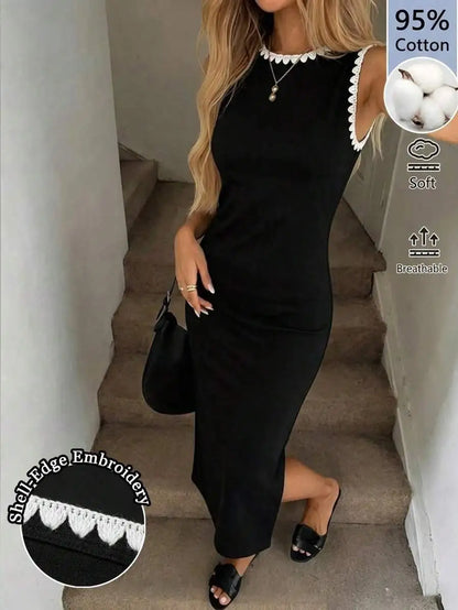 Black Fitted Midi Dress With White Seashell Trim Sleeveless Elegant Casual Office Wear