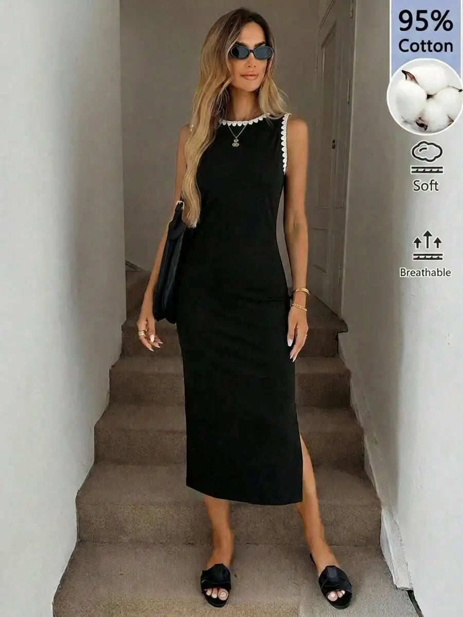 Black Fitted Midi Dress With White Seashell Trim Sleeveless Elegant Casual Office Wear