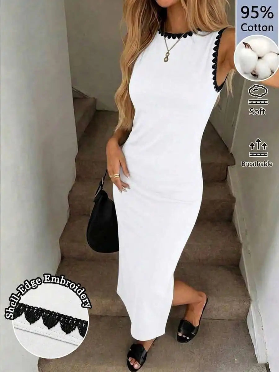 Black Fitted Midi Dress With White Seashell Trim Sleeveless Elegant Casual Office Wear