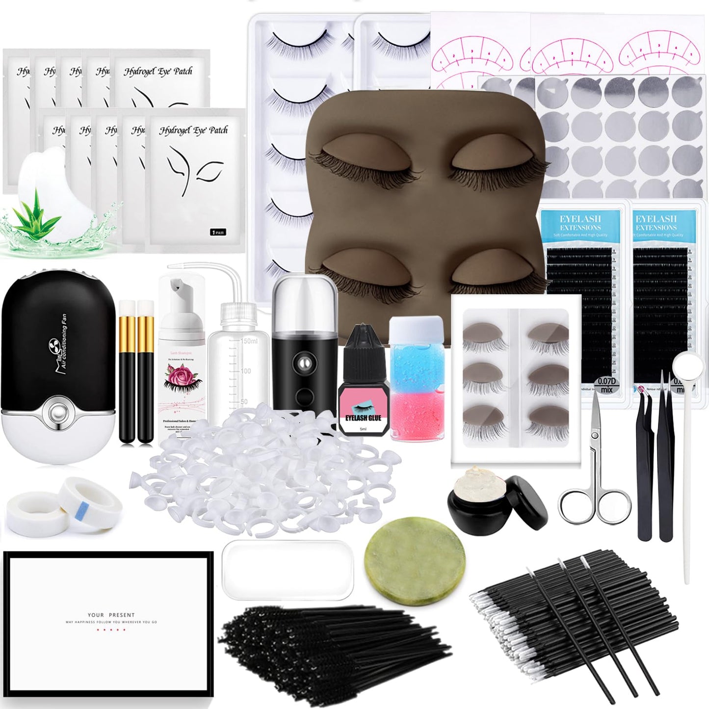 Lash Extension Kit Professional Eyelash Extensions Supplies Training for Beginners Mannequin Head Grafting Lash USB Fan Lash Shampoo Brush Spraye 0.07D Curl Mix 8-15mm Practice Eyelash Strips