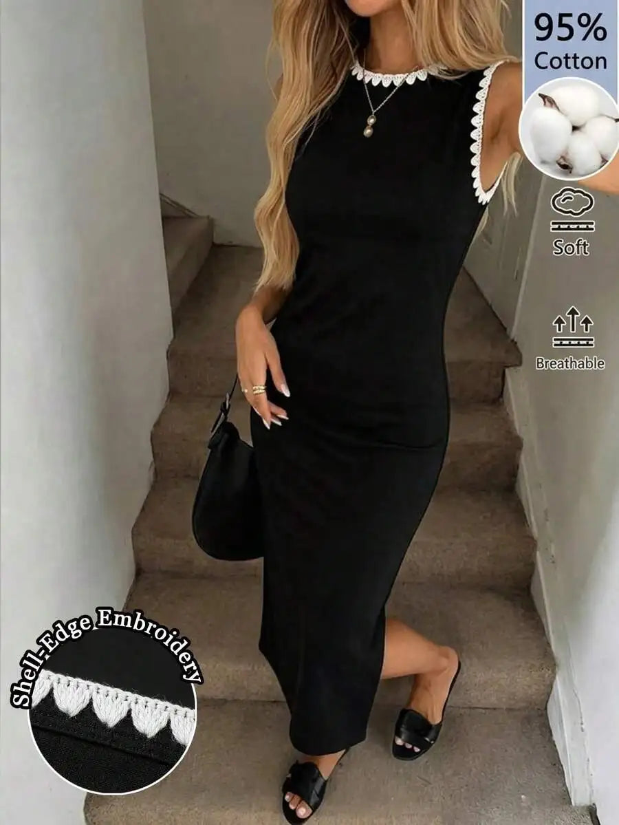 Black Fitted Midi Dress With White Seashell Trim Sleeveless Elegant Casual Office Wear
