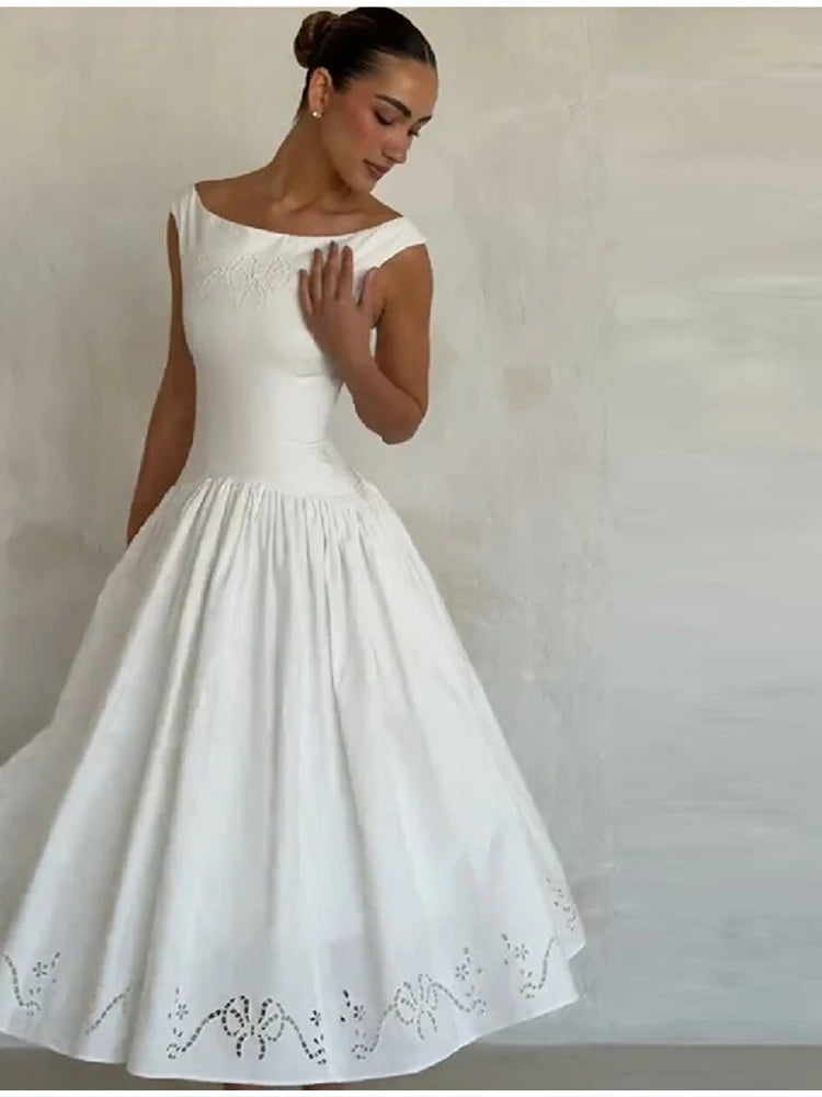Minimalist White Boat Neck Midi Dress