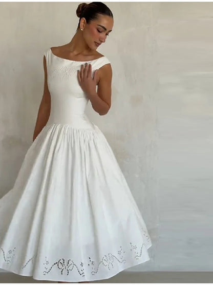 Minimalist White Boat Neck Midi Dress