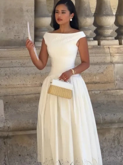 Minimalist White Boat Neck Midi Dress