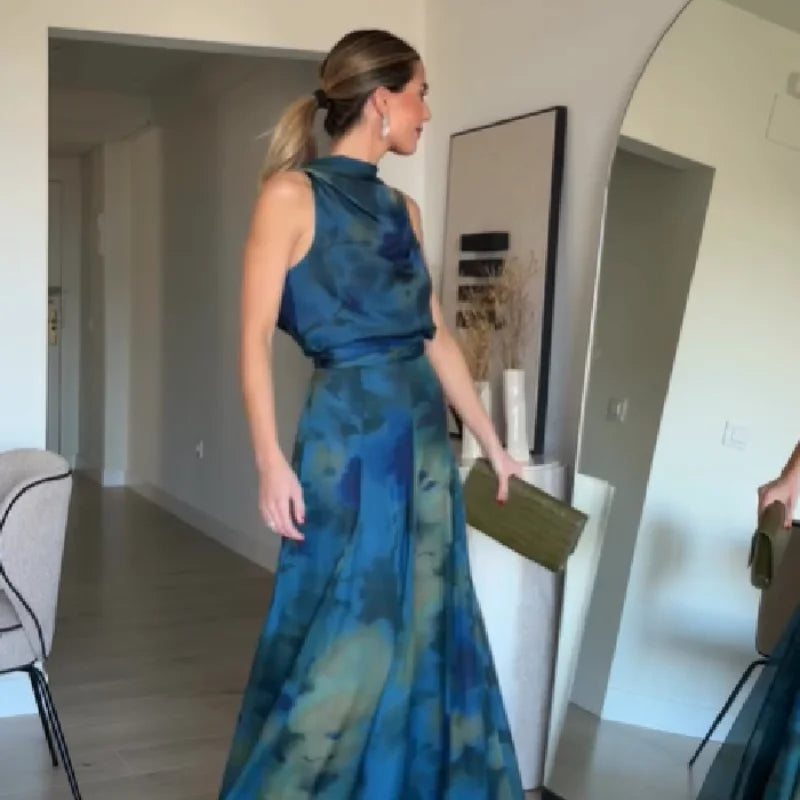 Printed High Neck Sleeveless Maxi Dress