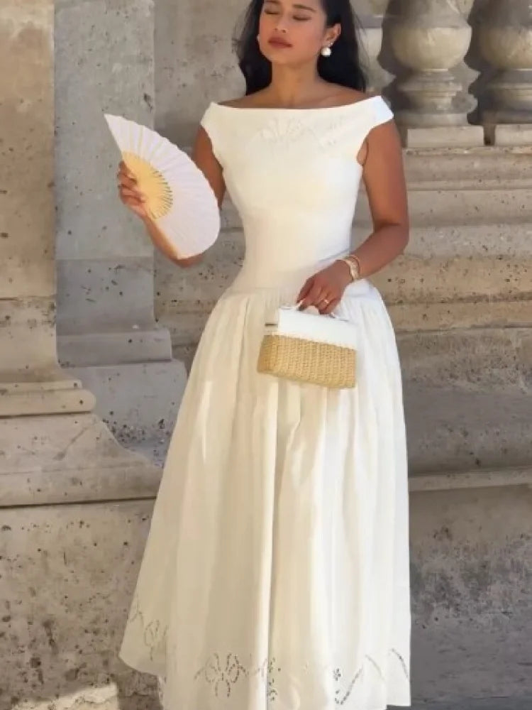 Minimalist White Boat Neck Midi Dress