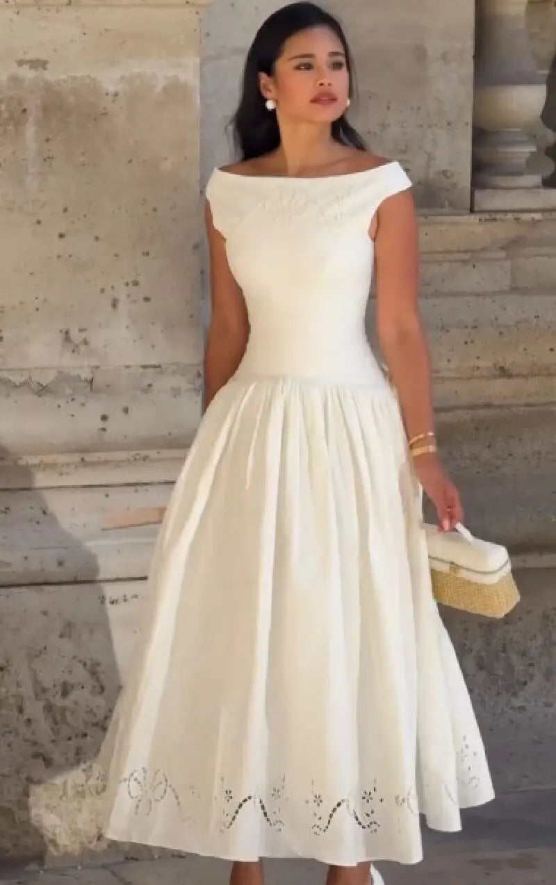 Minimalist White Boat Neck Midi Dress