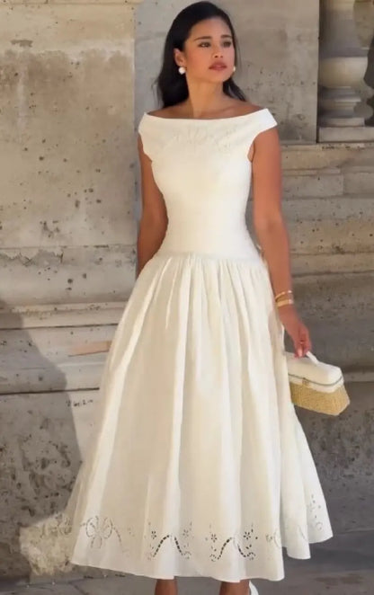 Minimalist White Boat Neck Midi Dress