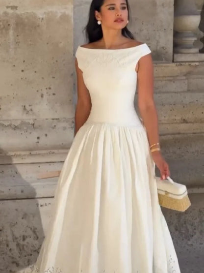 Minimalist White Boat Neck Midi Dress