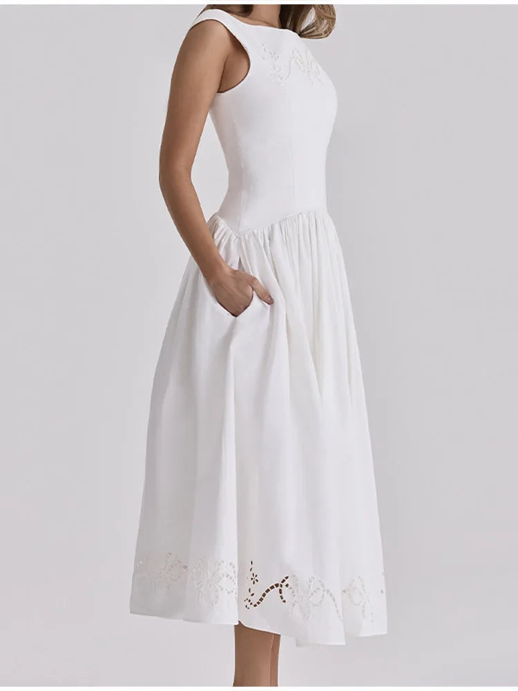 Minimalist White Boat Neck Midi Dress