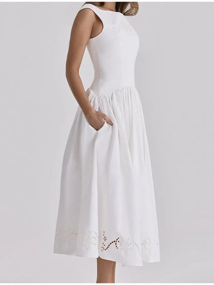Minimalist White Boat Neck Midi Dress