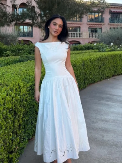 Minimalist White Boat Neck Midi Dress