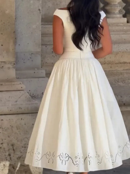 Minimalist White Boat Neck Midi Dress
