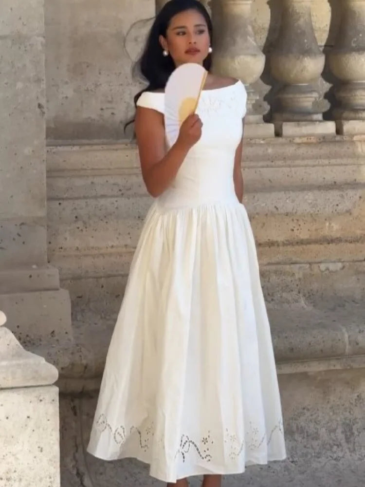 Minimalist White Boat Neck Midi Dress