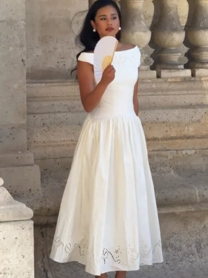 Minimalist White Boat Neck Midi Dress