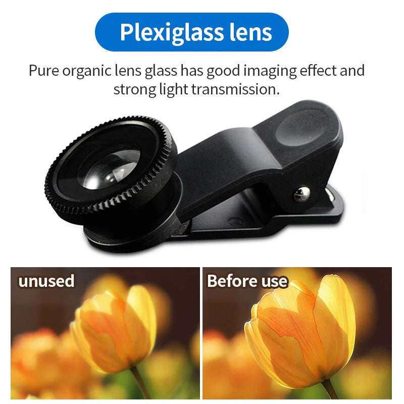 3-in-1 Clip-On Phone Camera Lens Kit – Fisheye, Wide Angle & Macro