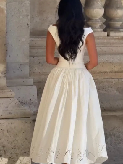 Minimalist White Boat Neck Midi Dress