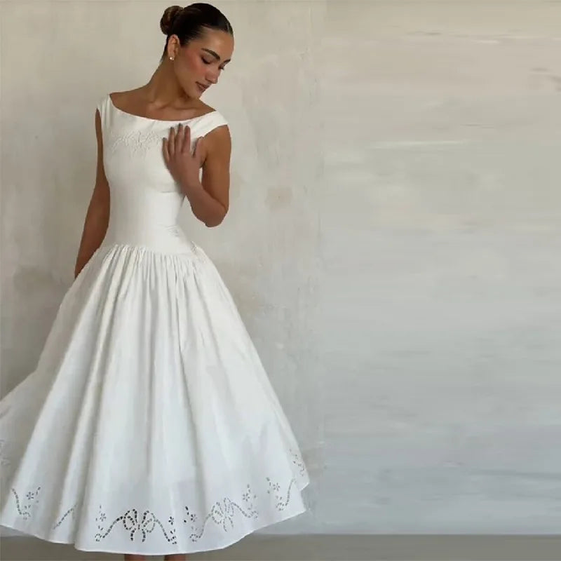 Minimalist White Boat Neck Midi Dress