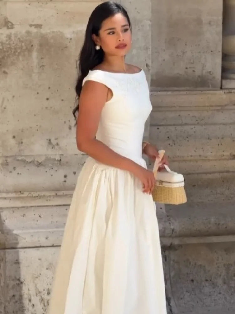 Minimalist White Boat Neck Midi Dress