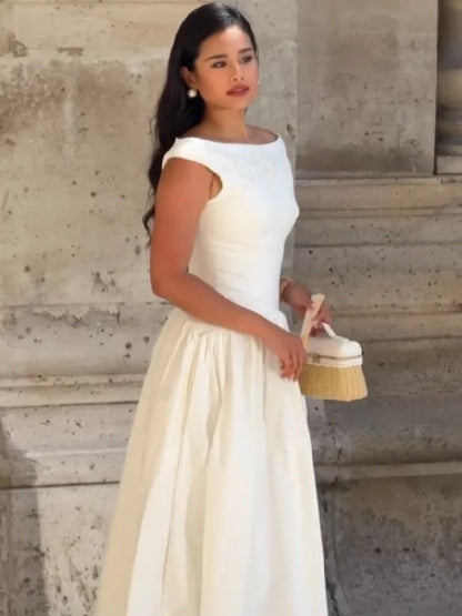 Minimalist White Boat Neck Midi Dress
