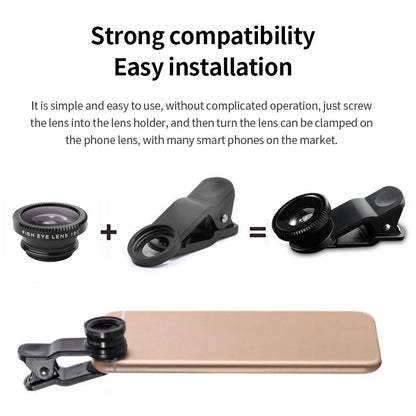 3-in-1 Clip-On Phone Camera Lens Kit – Fisheye, Wide Angle & Macro