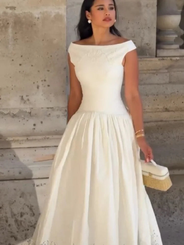 Minimalist White Boat Neck Midi Dress