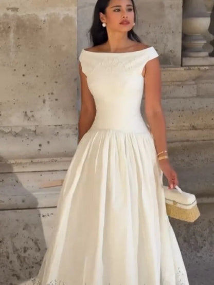 Minimalist White Boat Neck Midi Dress