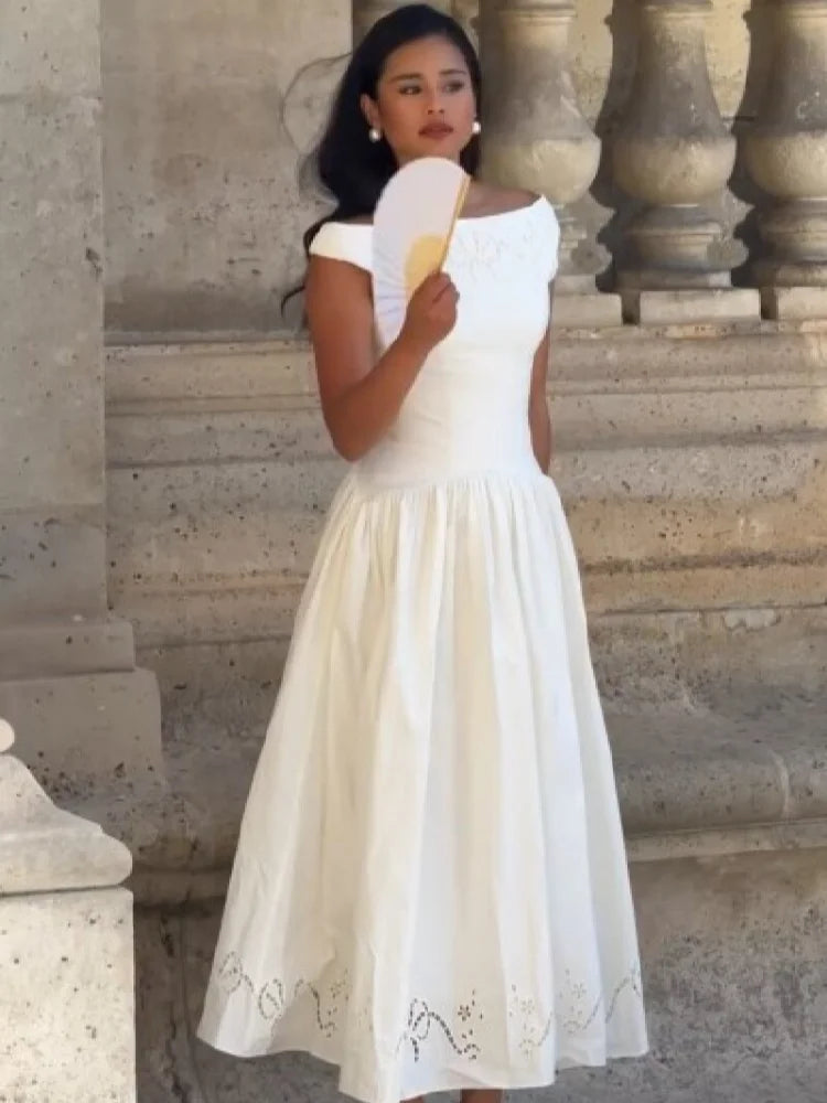 Minimalist White Boat Neck Midi Dress