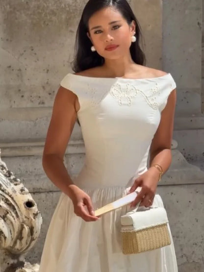 Minimalist White Boat Neck Midi Dress
