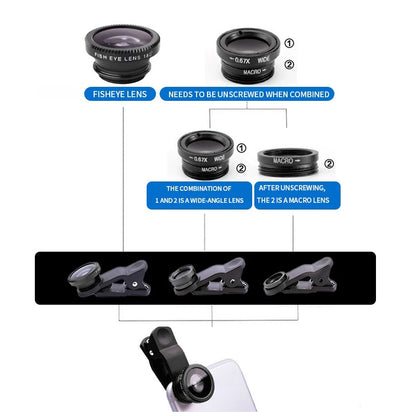 3-in-1 Clip-On Phone Camera Lens Kit – Fisheye, Wide Angle & Macro