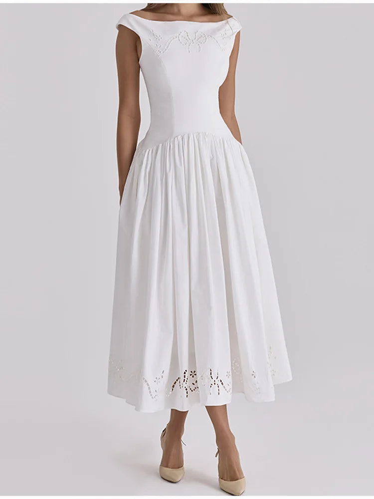 Minimalist White Boat Neck Midi Dress
