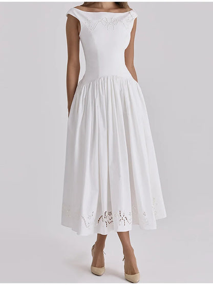Minimalist White Boat Neck Midi Dress