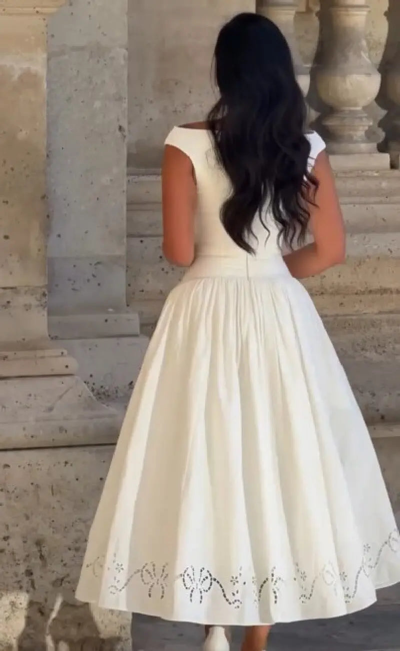 Minimalist White Boat Neck Midi Dress