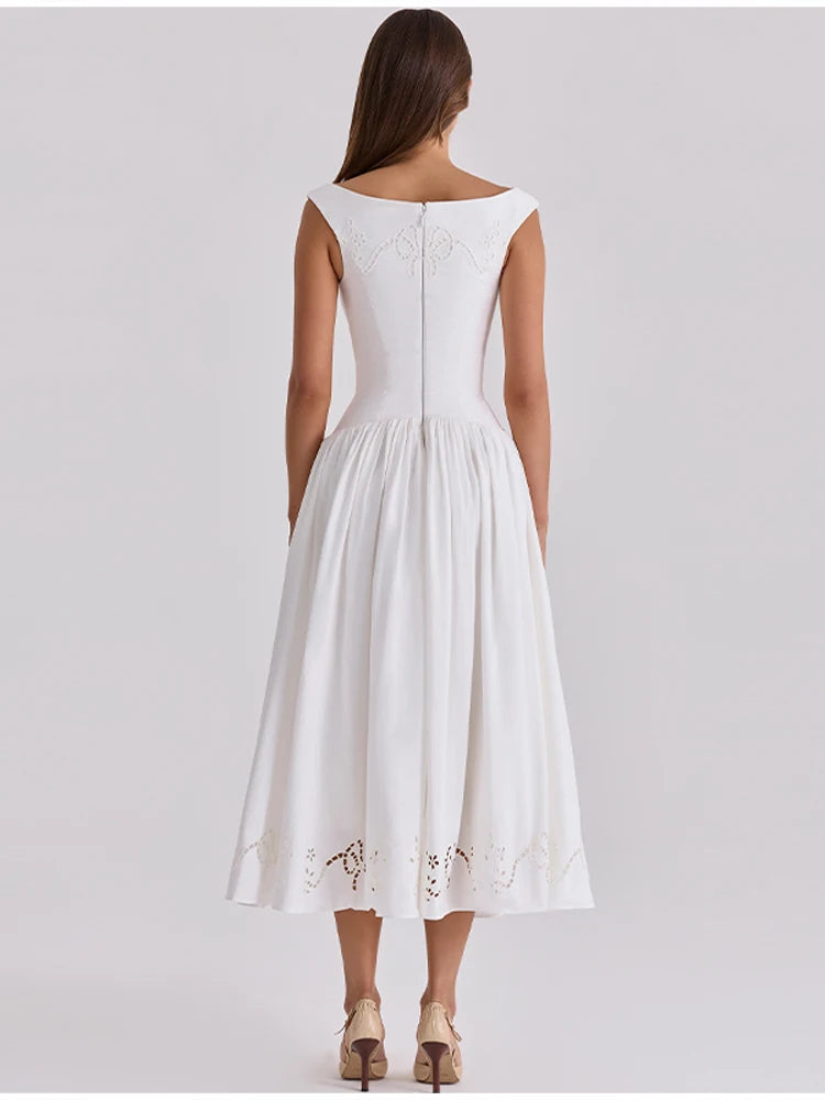 Minimalist White Boat Neck Midi Dress