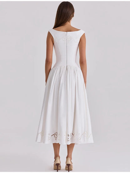 Minimalist White Boat Neck Midi Dress