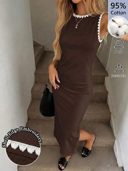Black Fitted Midi Dress With White Seashell Trim Sleeveless Elegant Casual Office Wear