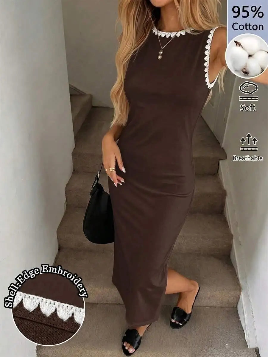 Black Fitted Midi Dress With White Seashell Trim Sleeveless Elegant Casual Office Wear